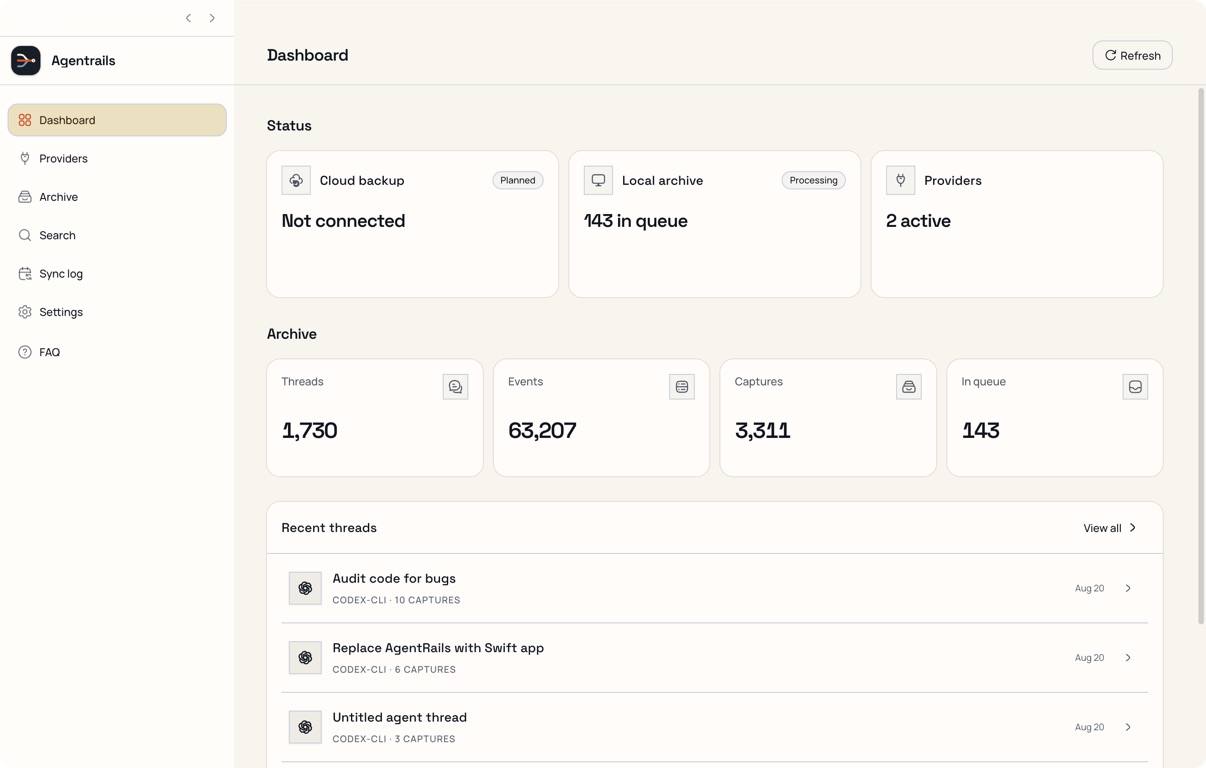 Agentrails desktop dashboard showing archive status, provider connections, event totals, and recent threads