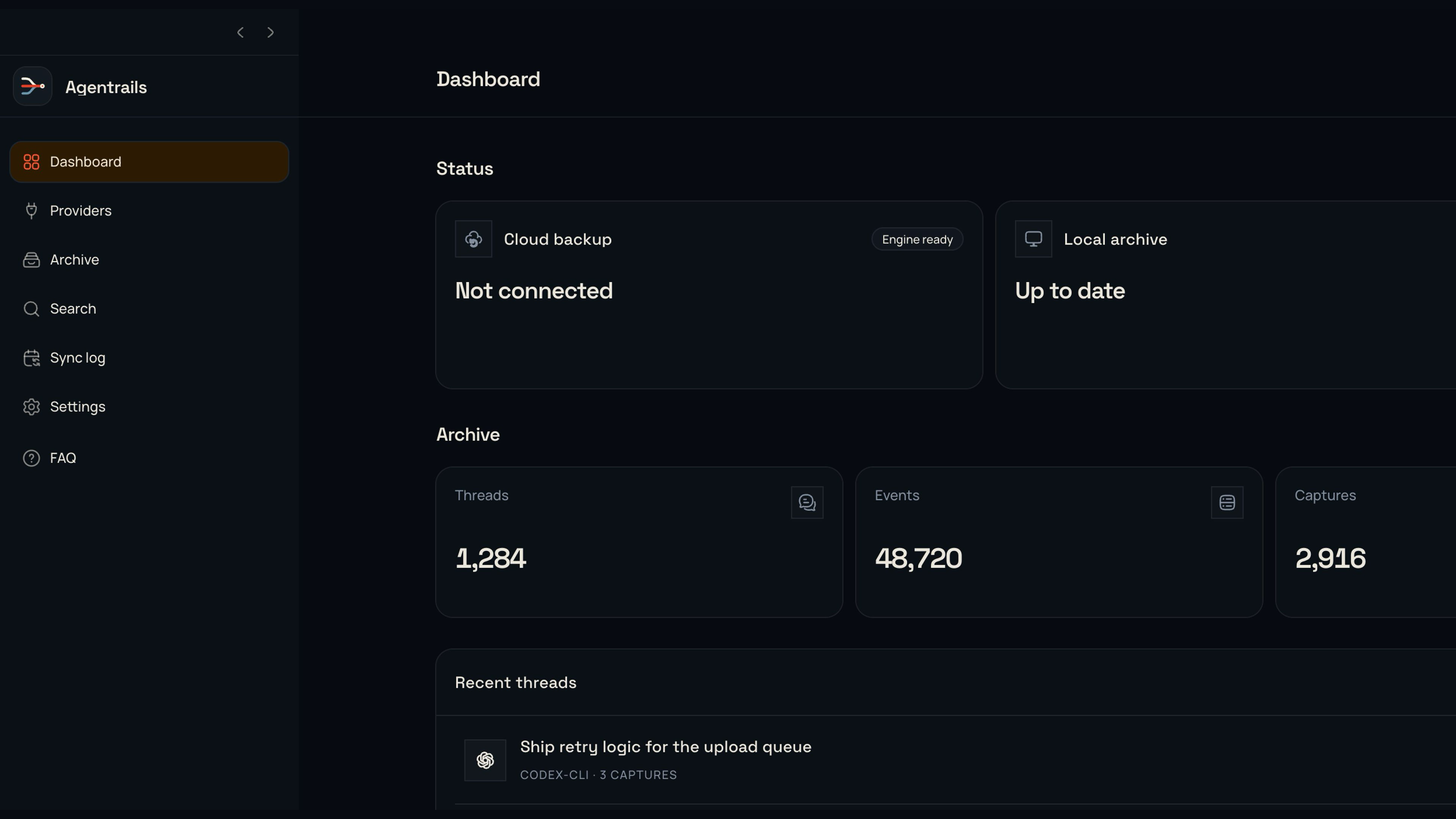 Agentrails desktop dashboard showing archive totals, provider status, and recent threads