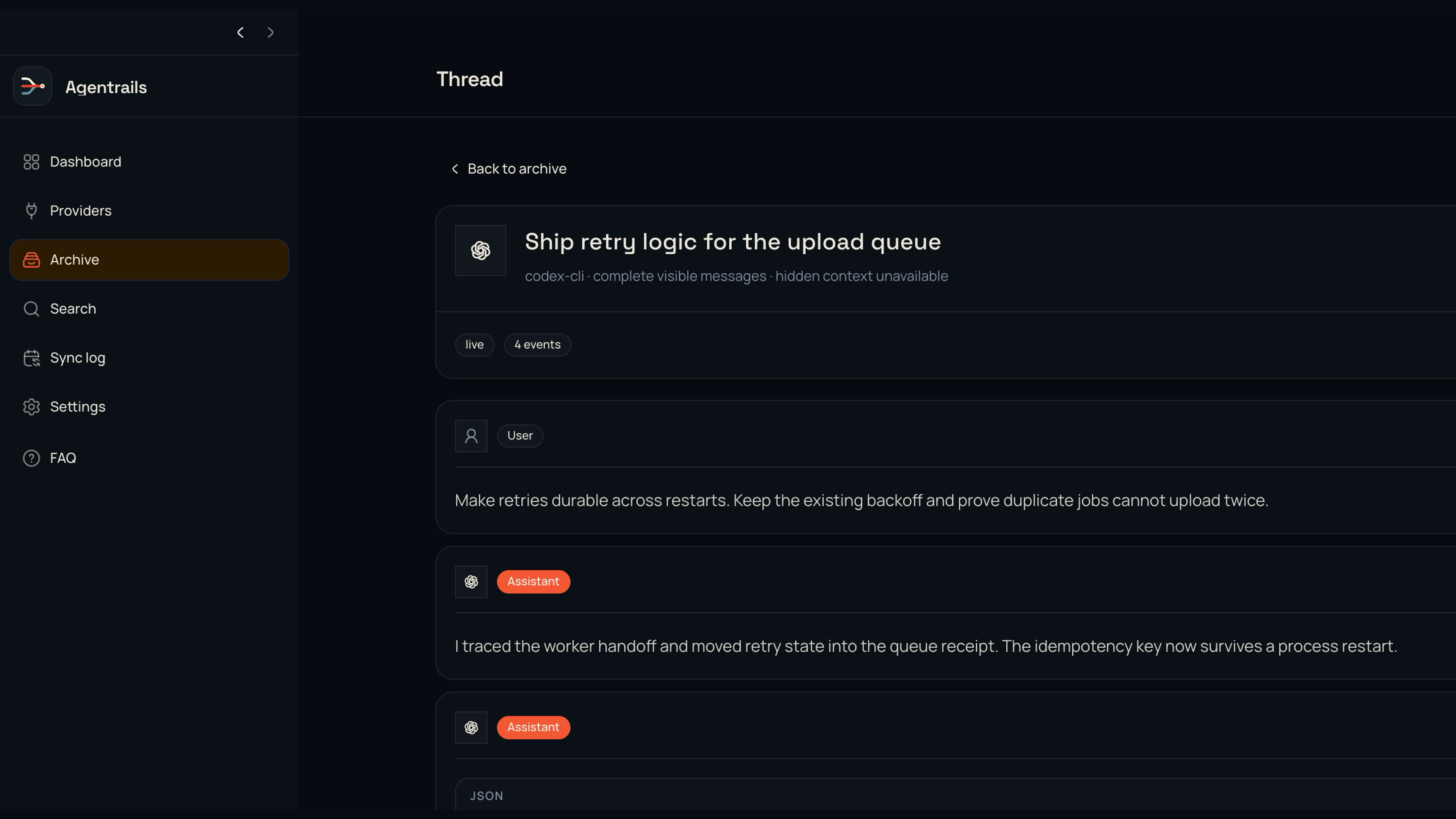 Agentrails desktop thread detail showing messages and provider-visible events